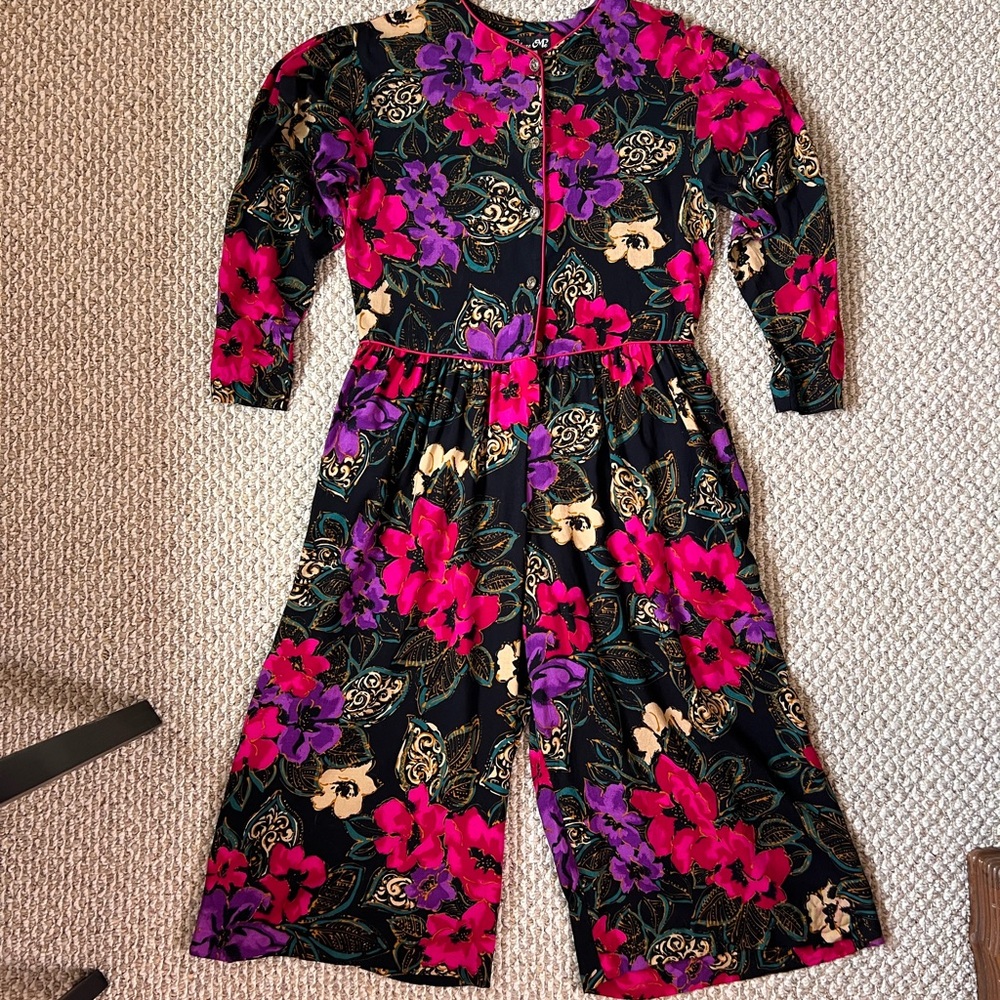 Vintage 1980’s / Y2K Black Floral Jumpsuit Cropped Wide Leg